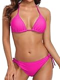 CharmLeaks Women Tie Side Bottom Padded Top Triangle Bikini String Bathing Suit Two Piece Swimsuit Pink L