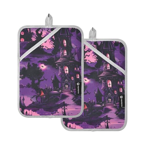 Soportes para ollas de cocina resistentes al calor para cocinar guantes de horno con bolsillos, paquete de 2, casa gótica gigante, color morado
