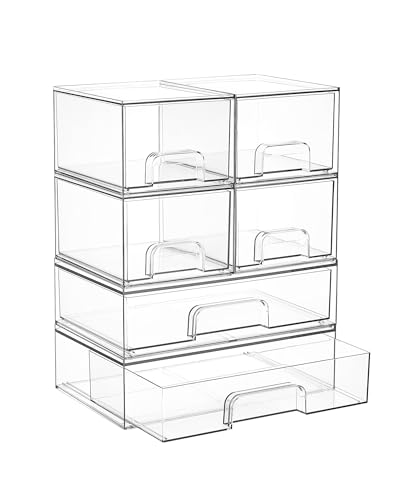 Vtopmart Stackable Storage Drawers Set of 6, Clear Plastic Organizer Bins for Bathroom Supplies, Ideal for Cabinet,Shelf, Pantry, Laundry Room Organization
