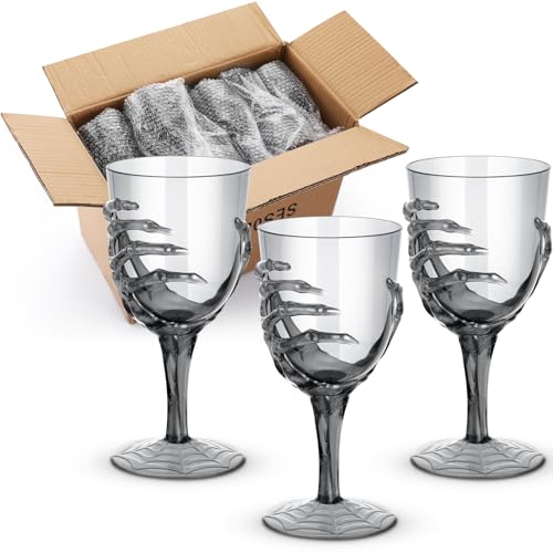 Dandat 24 Pcs Halloween Skeleton Hand Goblets 12oz Plastic Halloween Cups Skull Wine Glass Set Clear Skeleton Wine Glass for Creepy Spooky Halloween Party Decorations(Black)