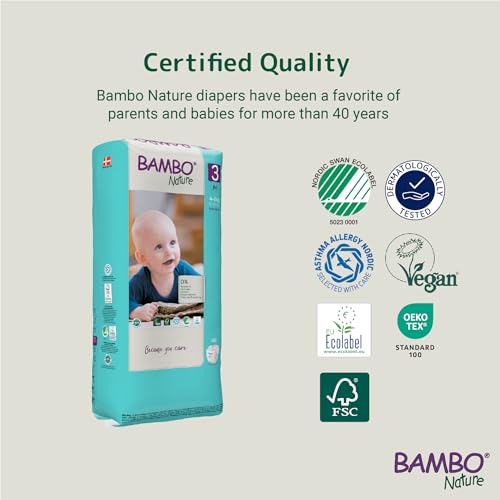 Image of Bambo Nature Hypoallergenic Baby Diapers, Eco-Labeled Diapers, Enhanced Leakage Protection, Totally Chlorine-Free, Skin Friendly, and Super Absorbent - Size 3 (156 Count)
