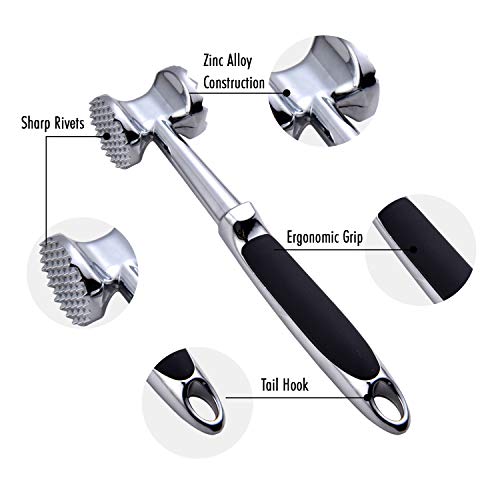 Meat Tenderizer Hammer– Hand Held Manual Mallet for Pounding Steak, Beef, Pork, Fish,Veal& Poultry –Heavy Duty & Double Sided Chicken Pounder Tenderizing Tool – Food Grade Zinc Allo