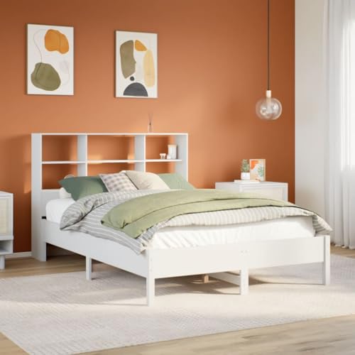 QZZCED Cama con Estantería sin Colchón de Madera Maciza Blanca 120x190 cm, Estructura de Pino Sólido con Somier de Láminas para Soporte y Transpirabilidad, Cabecero