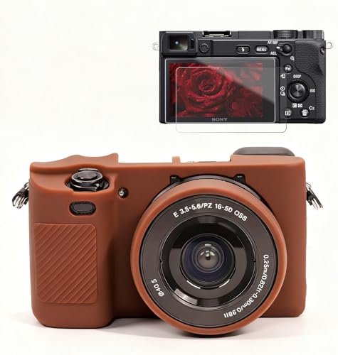 Frevyve Case for Sony Alpha A6400 A6300 Camera Accessories, Soft Silicone Protective Case, Slim Fit Sleeve with A6400 A6300 Screen Protector, Lightweight, Anti-Scratch (Brown)