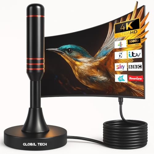 GLOBAL TECH Indoor TV Aerial - High Gain Portable Digital TV Aerial Freeview HD TV Antenna with Magnetic Base & 9.8ft Coax Cable for All TVs