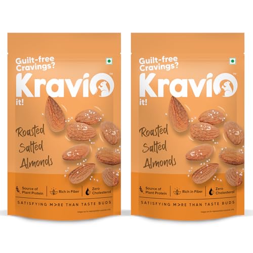Image of Kravio Premium Roasted Salted Almonds (2 X 200g) | Zero Cholesterol Natural Whole California Badam Nuts & Dry Fruits | Rich in Protein, Roasted Crunchy Delicious Healthy Snacks
