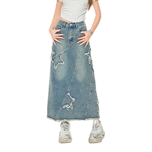Amazon.com: Glkaend Women's Retro Star Patch Long Denim Skirt