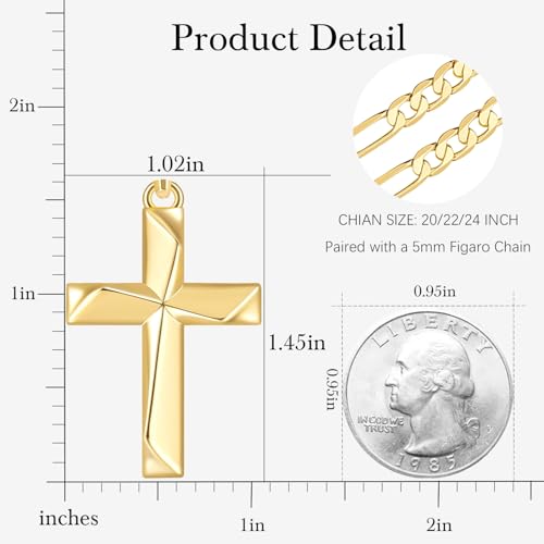 Cross Necklace 14K Gold Cross Necklace for Men Gold Crosses Chain for Men Irregular Cutting Lines with Figaro Chain Mens Crosses Pendant 20/22/24in2