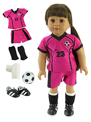 American Fashion World Pink and Black Soccer Uniform with Accessories made to fit 18 inch dolls such as American Girl Dolls