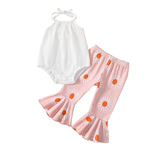 Image of ADXSUN Newborn Baby Girl Summer Clothes Ribbed Romper+Striped/Floral/Cow Flared Pants Infant Outifts 0-18 Months