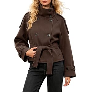 Wolljacke Damen Kurze Zweireihig Trenchcoat Stehkragen Elegante Wollmantel mit Gürtel Klassischer Wolle Kurzjacke Casual Winddicht Übergangsjacke Herbst Winter Freizeitjacke Kurzmantel (Brown, XS)
