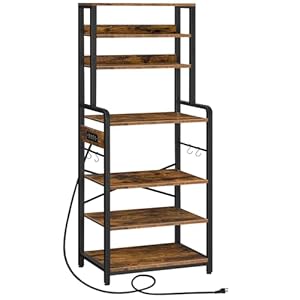 HOOBRO Bakers Rack with Power Outlet, 68.1inch Height Microwave Stand with 4 S-Shaped Hooks, 7-Tier Kitchen Storage Shelf Rack, Coffee Bar, for Kitchen, Living Room, Rustic Brown BF06HB01