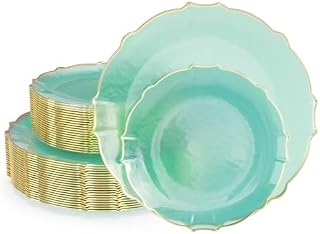 Exquisite Mint Green Plastic Plates 80 Piece Party Set for 40 Guests - 40 x 10 Dinner & 40 x 7.5 Dessert - Tiffany Blue Gold Rimmed Scalloped Fancy Disposable Plates for Weddings