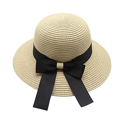 Women Foldable Bowknot Hat Wide Brim Straw Hat Floppy Summer Sun Cap UV Protection Beach Cap Sun Visor Hat for Travel Vacation Beige Cover