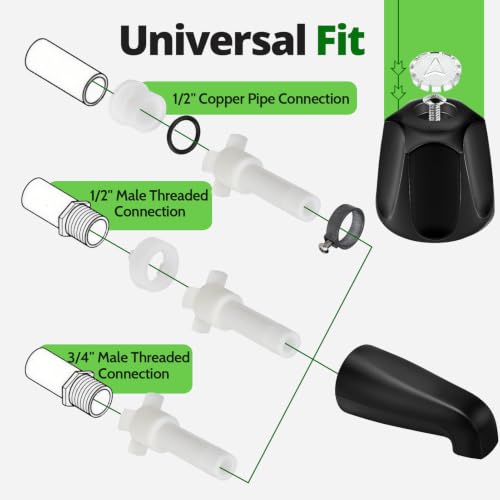 Juego de 3 piezas para ducha y bañera en negro mate - Perillas de ducha y pico para bañera para grifo Price/Pfister Verve de 3 manijas, compatible con rosca macho de 1/2", rosca hembra IPS de 3/4" y tubo de cobre de 1/2" miniatura 4