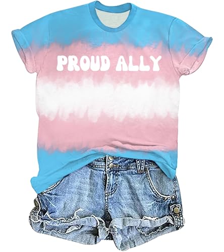 UYIQL Trans Pride Shirt for Women LGBT Pride Ally Tshirt Short Sleeve Transgender Flag Outfit Tie Dye 2XL