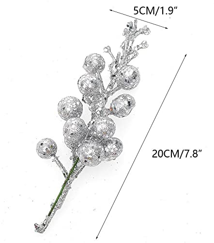 Image of Ulalaza 9pcs 7.8Inch Christmas Glitter Berries Stems Artificial Christmas Picks for Christmas Tree Ornaments, DIY Xmas Wreath, Crafts, Holiday and Home Decor, Silver
