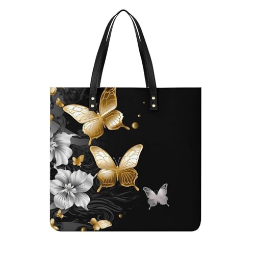 Gold White Butterflies Black Large Leather Handbags Women Fashion Handbag Multifunctional Travel Bag It Is A Great Gift for Mothers, Teachers, Friends, Bridesmaids
