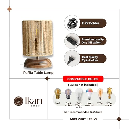 Image of Ikari Homes Wood Boho Raffia Incandescent Table Lamp I Night Lamp for Bedroom Bedside & Center Table Lamp for Restaurant I Office Desk Lamp I I Home Decor Items I Size 21.5 x 12.9 cm, Brown