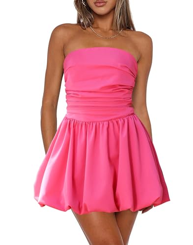 Women's Strapless Tube Top Bubble Mini Dress Ruched Bow Back Dresses Party Cocktail