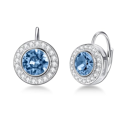 Halo Earrings 925 Sterling Silver Classic Round Cut Halo Leverback Earrings with Birthstone Crystal from Austria, Birthday Jewelry Gifts for Women