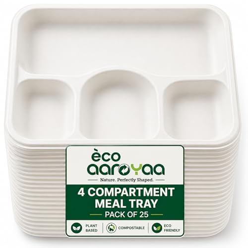 Image of Eco Bagasse 4 Compartment Meal Trays - Eco-Friendly Bagasse Disposable Plates - Strong Oil & Water Resistant Disposable Plates with Compartments for Parties, Catering & Events (Pack of 25)