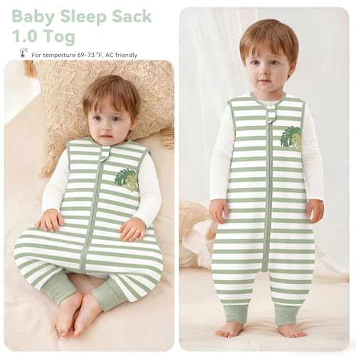 Image of Chilsuessy Toddler Sleep Sack with Feet 3-4 T, 1.0 TOG Cotton Baby Wearable Blanket with Legs, Sleep Bag Walker with 2-Way Zipper, Stripe