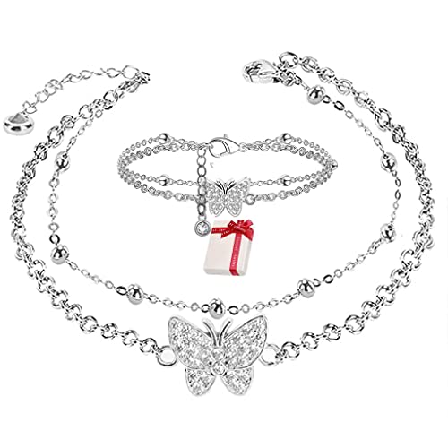 Glecxuy 14K Schmetterling Fußkettchen Silber Doppelte Kette Verstellbare Geschichtete Strand Fußkettchen auch als Armbänder Schmuck für Frauen Mädchen Teen (Geschenkbox enthalten) Cover