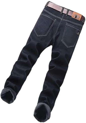 Mens Winter Blue Fleece Jeans, Thick Warm, Straight Elastic Denim, Casual Male, Fleece Black Plush Pants