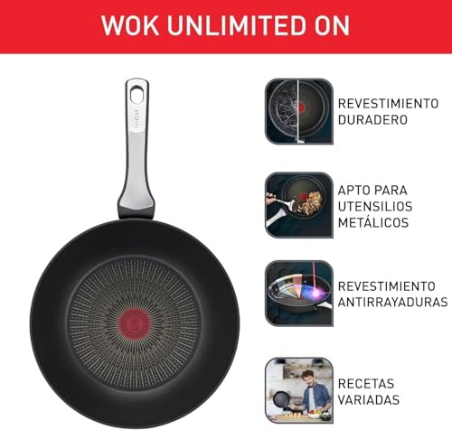 Miniatura 3 de Tefal Unlimited On - Wok De 28 Cm, Apto Inducción, Antiadherente, Revestimiento Titanio, Thermo-Signal, Apto Lavavajillas Y Horno, Acero Inoxidable