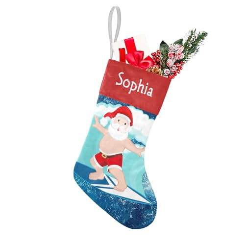 SunFancyCustom Custom Cool Beach Surfing Santa Christmas Stocking Personalized with Name Xmas Family Holiday Birthday Gift Decor 17.52 x 7.87 Inch