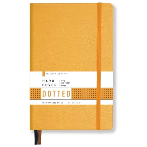 Minimalism Art, Premium Hard Cover Notebook Journal, Medium Size, A5 5.8" x 8.3", 186 Numbered Pages, Gusseted Pocket, Ribbon Bookmark, Extra Thick Ink-Proof Paper 120gsm (Dotted, Amber) Cover