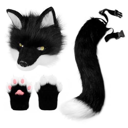 HAOAN Plush Faux Fur Therian Dog Wolf Mask Paw Gloves Fox Tail Set Halloween Costume Accessories