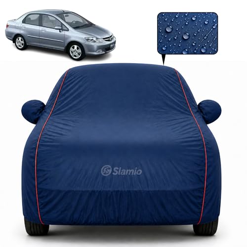 Image of Premium 100% Waterproof Car Cover for Honda's City 2003-2007| Models All-Weather, UV & Dust Protection | Heavy-Duty 3-Layer Fabric | Custom Fit with Mirror & Antenna Pockets | Navy Blue