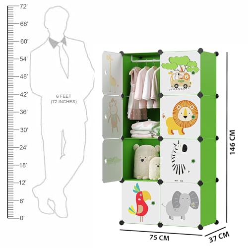 Image of LUHI Plastic Wardrobe for Kids Clothes - Easy to Use Anti-Skid & Non-Slip Effective Professional, Plastic Cupboard for Kids, Foldable Almirah, Collapsible Wardrobe (Green HI, 8-Shelf-8-Door)