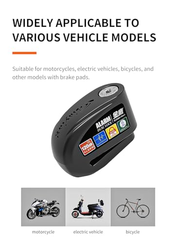 Motorcycle Lock, 120db Alarm Disc Brake Lock, Waterproof Anti-Theft Aluminium Alloy Lock with Reminder Cable, Fit for Motorcycle E-Bike Bicycle Scooter (Black) - Thumbnail 3