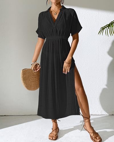 Bsubseach Women's Long Swimsuit Coverup 2025 Casual V Neck Beach Dress Short Sleeve Elastic Waist Swimwear Cover Ups2