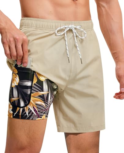 Image of Gleeease 7inch Mens Swim Trunks 2 in 1 with Compression Liner Pockets Drawstring Quick Dry Stretch Lined Funny Beach Pool