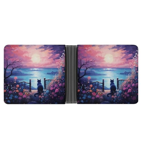 Sunset Kittens Cat Bifold Wallet PU Leather Coin Purse Lightweight Credit Card Holder Wallet Money Clip