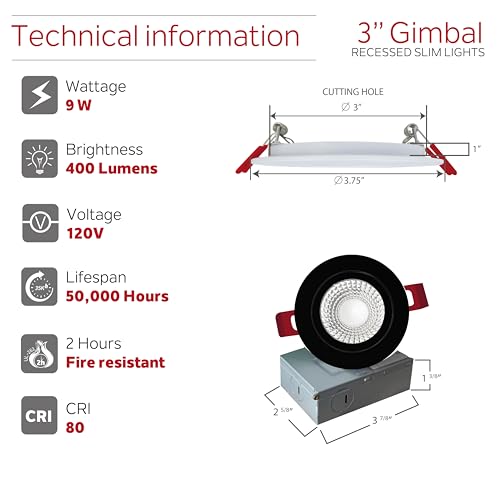 Nadair 24-Pack 3 inches Gimbal LED Ultra Slim Recessed Lights, 6W, 400 Lumens, 5CCT Color Selectable (2.7K / 3K / 3.5K / 4K / 5K), Dimmable, IC Rated, ETL Certified, Black Finish by Nadair - Image 2