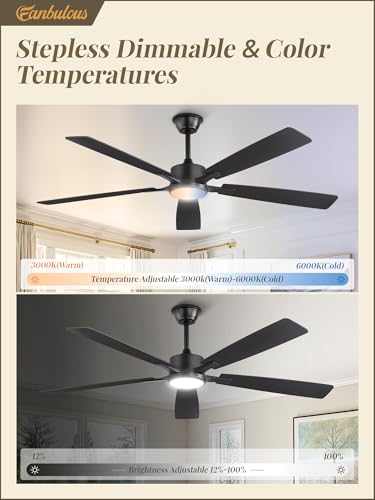 Image of Fanbulous 60 Inch Ceiling Fans with Lights and Remote, Stepless Color Temperature Change & Dimmable 20W LED Ceiling Fan, 6 Speeds Reversible Quiet DC Motor for Bedroom, Living Room, Apartment,Black