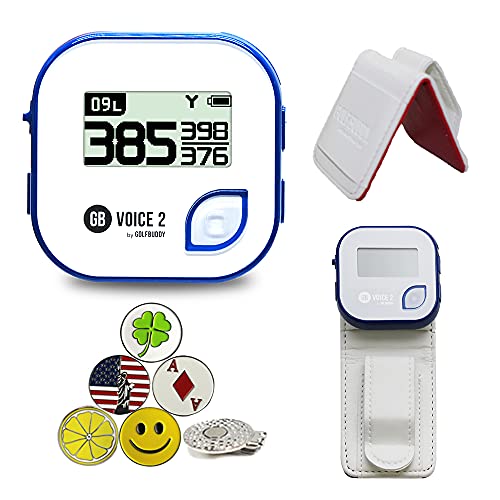 GolfBuddy Voice 2 Golf GPS/Rangefinder Bundle with 1 Magnetic Hat Clip and 5 Ball Markers and Belt Clip (White)