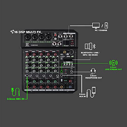 Image of Xtreme Acoustics XAMXGA6 6 Channel Professional Audio Mixer Interface with Bluetooth, MP3 Recording, Mobile Live out, AUX out and DSP Effects for Recording, Live stream, DJ Mixing, Karaoke Singing