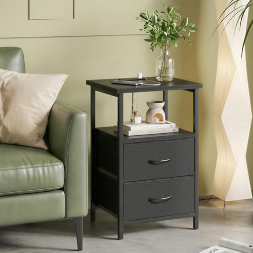 Image of Fixwal Black Night Stand with Charger Station, Nightstand with Charging Station & Fabric Drawers