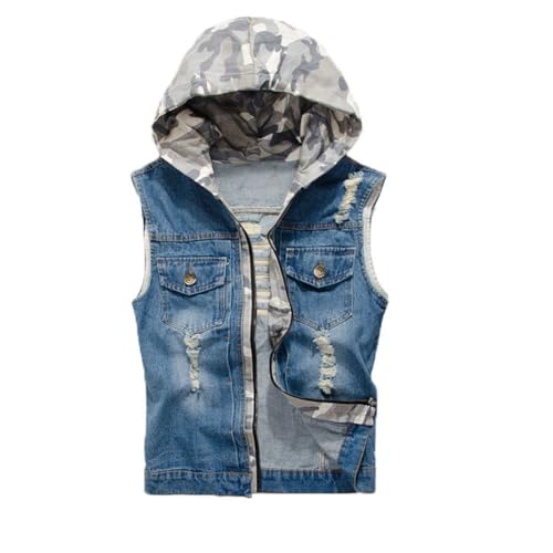 Denim Vest Men Ripped Distressed Destroyed Hooded Sleeveless Button Down Jean Vest