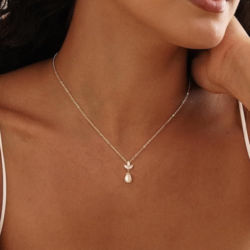 Pearl Necklaces for Women Trendy,14k Gold Plated Pearl Pendant Necklace Dainty Wedding Necklace Small Cute Gold Choker Necklace for Women Non Tarnish Gold Prom Jewelry Fashion Bridesmaids Gifts2