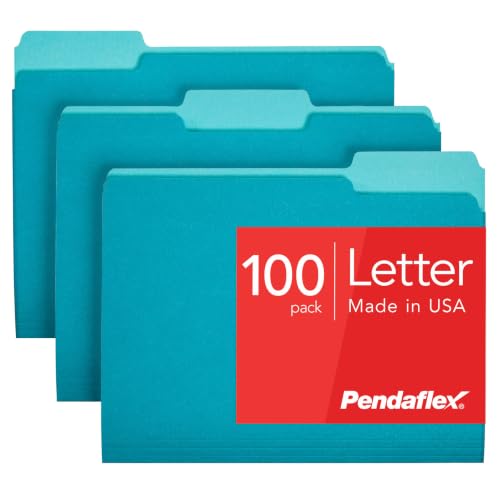 Pendaflex Colored File Folders, 100 Pack, Letter Size (8.5" x 11"), Durable Teal Folders, 3 Tabs for Easy Labeling, Colorful School, Office & Home Document Organization