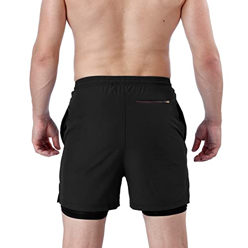 HOPLYNN Mens Running 2 in 1 Sports Shorts Breathable Outdoor Workout Training Shorts with Pockets Black M - Image 3
