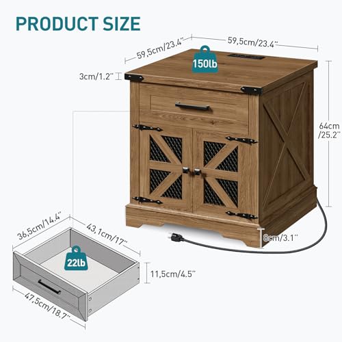 RALGEND Walnut Farmhouse End Table with Charging Station, 24" Large Sofa Side Table with Drawer, Large End Table for Living Room, Wooden Nightstand with Outlet, Square, Walnut - Thumbnail 2