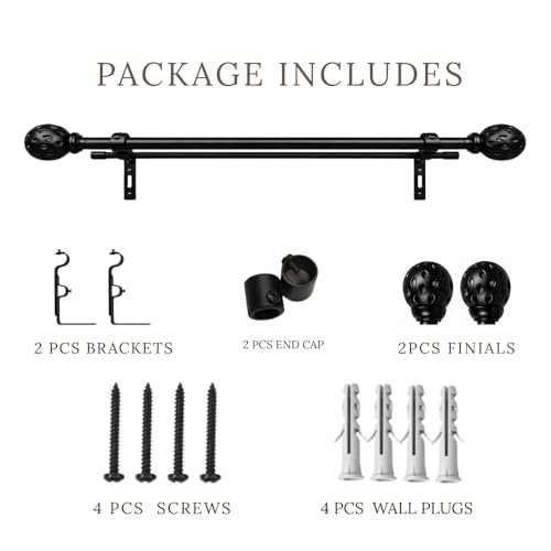 Image of 28 inch-48 inch Adjustable Double Curtain Rod For Door & Windows With Brackets Set Curtains Hanging Extendable Iron Metal Pipe Holder With Perforated Black Metal Finial (Black, 0.75 inch Diameter)